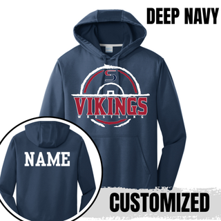 Performance hoodie mockup featuring the Seaman Vikings wrestling distressed S mat design.