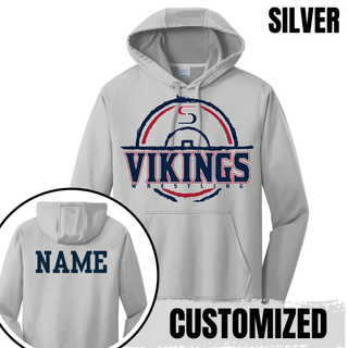 Seaman Vikings distressed S wrestling mat emblem shown on a performance hoodie.