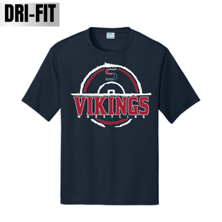 Seaman Vikings wrestling distressed S mat emblem on a performance top mockup.