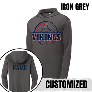 PosiCharge hooded pullover mockup featuring the Seaman Vikings wrestling emblem.