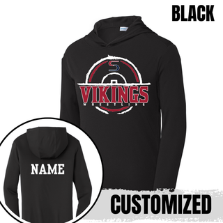 Seaman Vikings Wrestling Distressed S Mat design on a hooded pullover mockup.