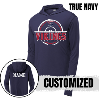 Seaman Vikings wrestling distressed S mat emblem shown on a hooded pullover.