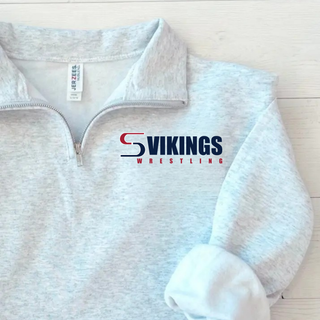 Ash Grey cadet collar quarter-zip fleece flat lay with a navy and red Vikings Wrestling logo on the left chest