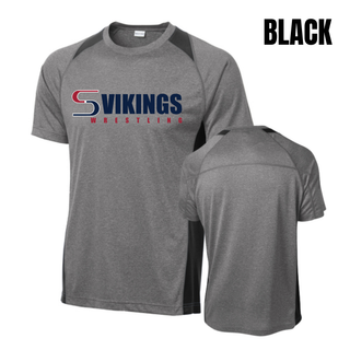 Front and back of the heather grey Seaman Vikings Wrestling Logo Colorblock Contender Tee with black panels and a blank back, labeled Black