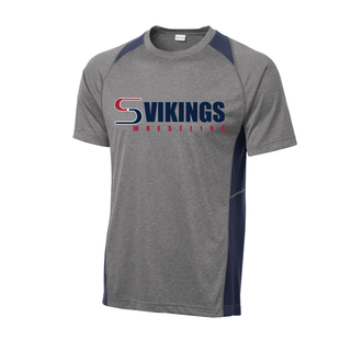 Heather grey colorblock performance tee with navy shoulder and side panels and the Seaman Vikings Wrestling logo in red and navy on the front