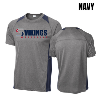 Front and back of the heather grey Seaman Vikings Wrestling Logo Colorblock Contender Tee with navy panels and a blank back, labeled Navy