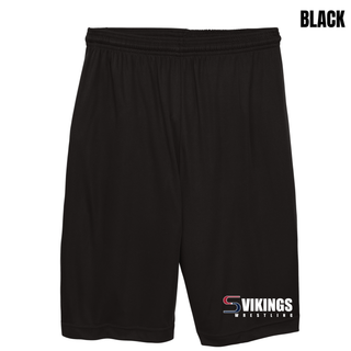 Black Seaman Vikings Wrestling logo cooling performance shorts flat lay with white Vikings Wrestling logo and red and navy S printed near the hem