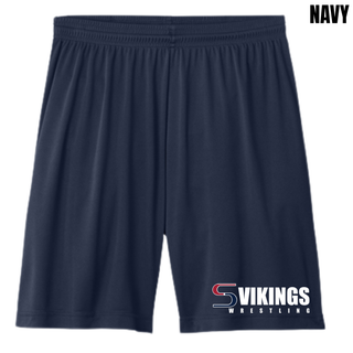 Navy Seaman Vikings Wrestling logo cooling performance shorts flat lay with white Vikings Wrestling logo and red and navy S printed near the hem