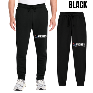 Black Seaman Vikings Wrestling logo core fleece joggers, on-model and flat lay, with white Vikings Wrestling logo printed on the leg