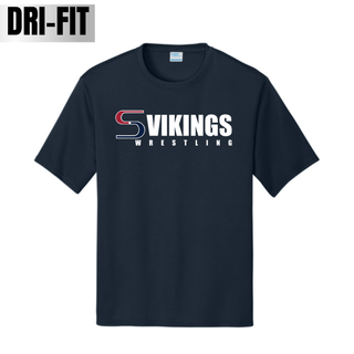 Deep navy Dri-Fit performance tee with a red and navy interlocking S logo, bold white Vikings lettering, and widely spaced white Wrestling underneath, with a Dri-Fit label