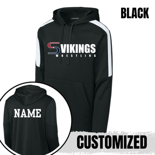 Black colorblock hooded pullover with white shoulder panels, Vikings Wrestling logo on the front, and a name printed on the back