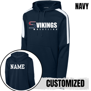 Navy colorblock hooded pullover with white shoulder panels, Vikings Wrestling logo on the front, and a name printed on the back
