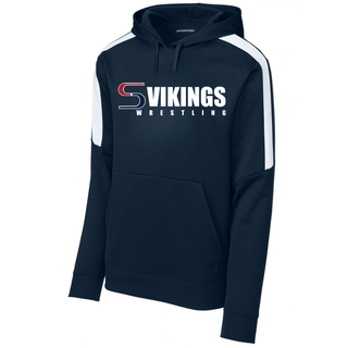 Navy colorblock hooded pullover with white shoulder panels and a white, red, and navy Vikings Wrestling logo on the chest