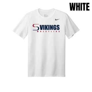 White men's rLegend tee with the Seaman Vikings Wrestling logo in navy and red across the chest and a dark swoosh