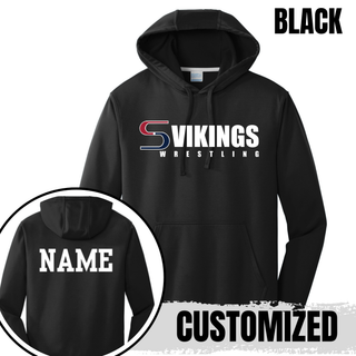 Black Seaman Vikings Wrestling logo performance hoodie with white front lettering and white custom back name