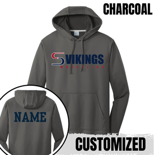 Charcoal Seaman Vikings Wrestling logo performance hoodie with navy and red front lettering and navy custom back name