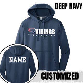 Deep Navy Seaman Vikings Wrestling logo performance hoodie with white front lettering and white custom back name