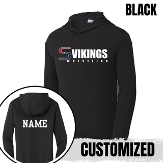 Black Seaman Vikings Wrestling logo PosiCharge hooded pullover with white front lettering and a white custom back name
