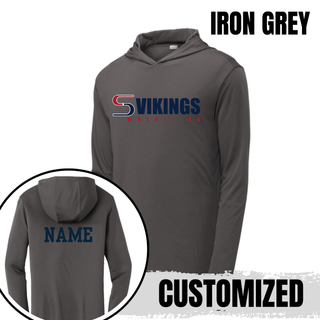 Iron Grey Seaman Vikings Wrestling logo PosiCharge hooded pullover with navy and red front lettering and a navy custom back name
