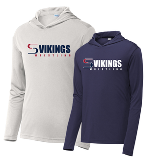 Silver and True Navy Seaman Vikings Wrestling logo PosiCharge hooded pullovers shown together with the red and navy S logo and Vikings Wrestling lettering on the front