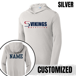 Silver Seaman Vikings Wrestling logo PosiCharge hooded pullover with navy and red front lettering and a navy custom back name