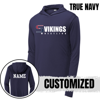 True Navy Seaman Vikings Wrestling logo PosiCharge hooded pullover with white front lettering and a white custom back name