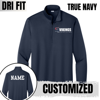 True navy PosiCharge quarter-zip with the Seaman Vikings Wrestling logo on the left chest and a white block-letter name on the back in an inset circle