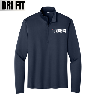 True navy PosiCharge quarter-zip pullover with the Seaman Vikings Wrestling logo in white and red on the left chest, front view