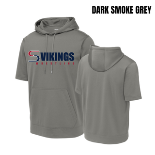 Front and back of a dark smoke grey short sleeve hooded pullover with the Seaman Vikings Wrestling logo in red and navy on the front and a blank back, labeled Dark Smoke Grey