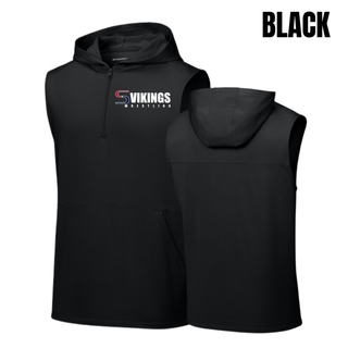 Front and back of a black sleeveless hooded quarter-zip with the Seaman Vikings Wrestling logo in red, navy, and white on the left chest and a blank back, labeled Black