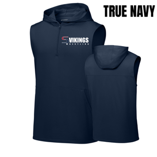 Front and back of a true navy sleeveless hooded quarter-zip with the Seaman Vikings Wrestling logo in red, navy, and white on the left chest and a blank back, labeled True Navy