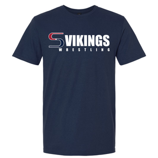 Navy tee with a red and navy interlocking S logo, bold white Vikings lettering, and widely spaced white Wrestling underneath