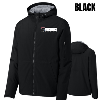 Black waterproof insulated hooded jacket with the Seaman Vikings Wrestling logo on the left chest, zippered sleeve pocket, gray jersey hood lining, and plain back view