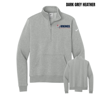 Dark grey heather women's club fleece half-zip with the navy and red Seaman Vikings Wrestling logo on the left chest and a swoosh on the sleeve, front and plain back views