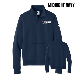 Midnight navy women's club fleece half-zip with the Seaman Vikings Wrestling logo on the left chest and a swoosh on the sleeve, front and plain back views