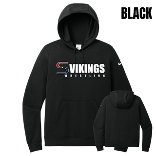 Front and back of a black women's fleece pullover hoodie with the Seaman Vikings Wrestling logo in red, navy, and white on the chest and a blank back, labeled Black