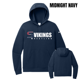 Front and back of a midnight navy women's fleece pullover hoodie with the Seaman Vikings Wrestling logo in red, navy, and white on the chest and a blank back, labeled Midnight Navy