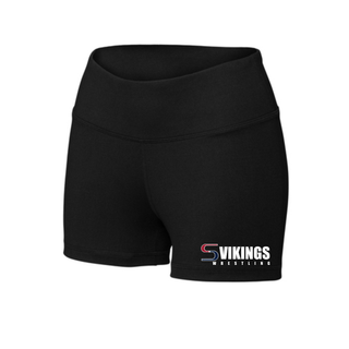 Black Seaman Vikings Wrestling logo women's interval performance shorts with a high-rise waistband and white Vikings Wrestling logo with red and navy S near the left hem