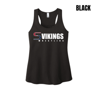 Black women's racerback tank with white VIKINGS WRESTLING lettering and a red and navy S logo mark
