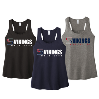 Black, New Navy, and Grey Frost women's racerback tanks with the Seaman Vikings Wrestling logo