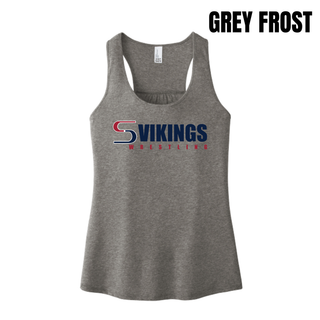 Grey Frost women's racerback tank with navy VIKINGS lettering, red WRESTLING lettering, and a red and navy S logo mark