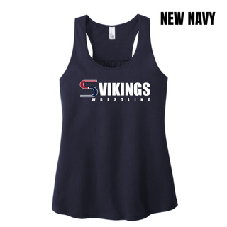 New Navy women's racerback tank with white VIKINGS WRESTLING lettering and a red and navy S logo mark