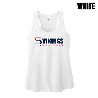 White women's racerback tank with navy VIKINGS lettering, red WRESTLING lettering, and a red and navy S logo mark