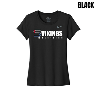 Black women's rLegend tee with the Seaman Vikings Wrestling logo in white and red across the chest and a gray swoosh