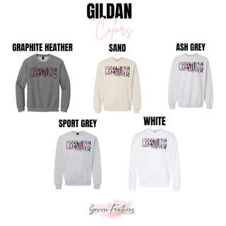 Gildan color chart showing Graphite Heather, Sand, Ash Grey, Sport Grey, White options, each with distressed Wrestling Mama lettering
