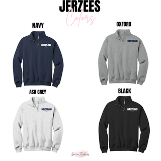 Jerzees cadet quarter-zip color chart showing Navy, Oxford, Ash Grey, and Black, each with the Wrestling and S logo on the left chest
