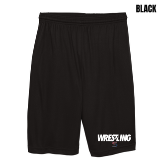 Black performance shorts with white Wrestling lettering and a red and navy S logo printed near the hem of the leg
