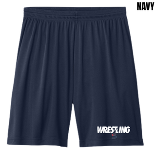 Navy performance shorts with white Wrestling lettering and a red and navy S logo printed near the hem of the leg