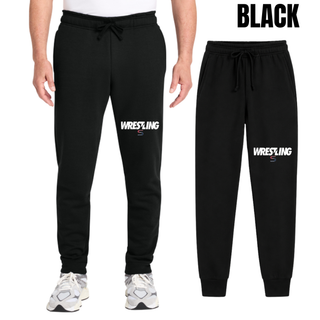 Black fleece joggers on a model and flat with white Wrestling lettering and a red and navy S logo printed on the leg