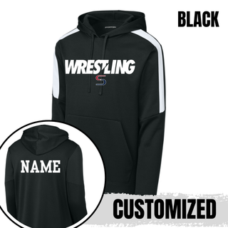 Black colorblock hooded pullover with white shoulder panels, white Wrestling lettering and a red and navy S logo on the front, with a white name printed on the back